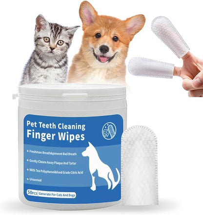 Pet Teeth Cleaning Wipes for Dogs & Cats, Dog Dental Care Wipes No-Rinse Dog Tooth Brushing Kit for Reducing Plaque and Tartar,Portable Finger Pet Wipes, Dog Breath Freshener 50 Counts