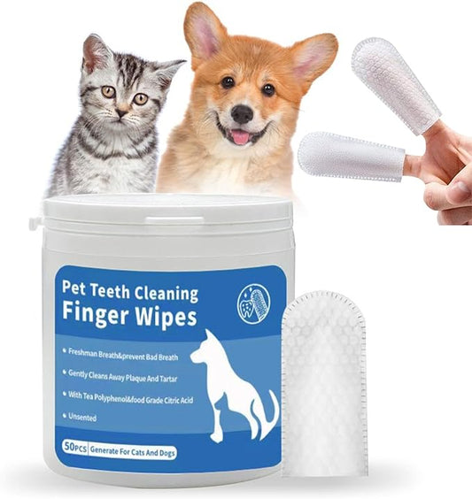 Pet Teeth Cleaning Wipes for Dogs & Cats, Dog Dental Care Wipes No-Rinse Dog Tooth Brushing Kit for Reducing Plaque and Tartar,Portable Finger Pet Wipes, Dog Breath Freshener 50 Counts
