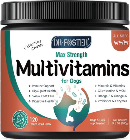 Dog Vitamins, Multivitamin for Dogs with Minerals, Dog Multivitamin for Digestive & Immune Health, Joint, Skin and Coat Care, with Glucosamine, Omega 3, Calcium, Probiotics and Enzymes, 120 Chews