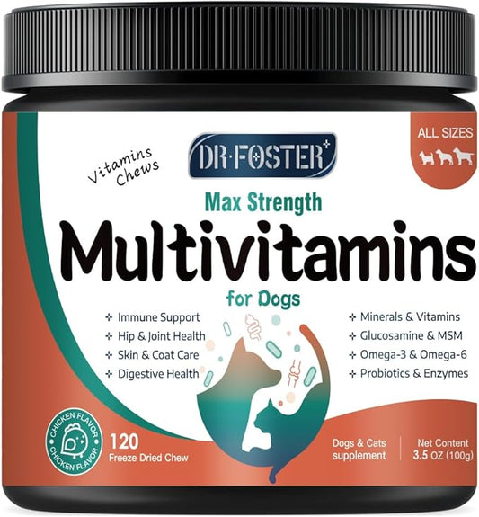 Dog Vitamins, Multivitamin for Dogs with Minerals, Dog Multivitamin for Digestive & Immune Health, Joint, Skin and Coat Care, with Glucosamine, Omega 3, Calcium, Probiotics and Enzymes, 120 Chews