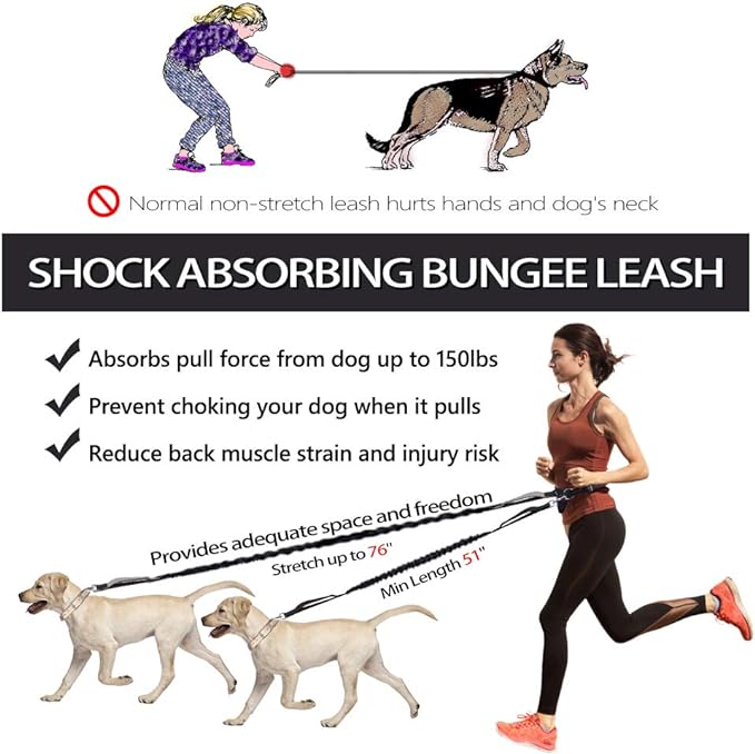 Hands Free Dog Leash Bungee Retractable Dog Running Waist Leash for Running Walking Jogging Training Hiking with Medium to Large Dogs, Adjustable Waist Belt Pouchouch, Reflective Stitches, Dual Handle