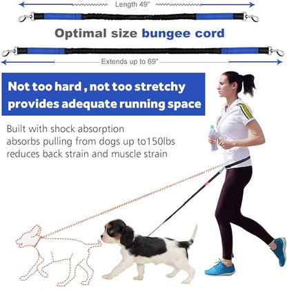 Hands Free Dog Leash for Running Walking Training Hiking, Dual-Handle Reflective Bungee, Poop Bag Dispenser Pouch, Adjustable Waist Belt, Shock Absorbing, Ideal for Medium to Large Dogs (Black W Blue)