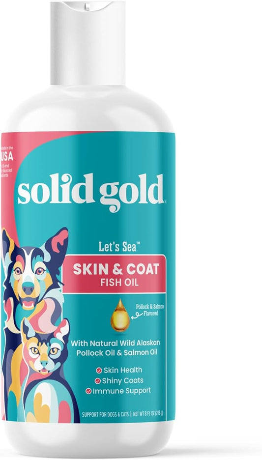 Solid Gold Fish Oil for Dogs & Cats - Wild Alaskan Salmon Oil for Dogs Skin and Coat Support - Omega 3 Pollock Oil Blend and Fatty Acids with EPA & DHA for Immune System Health - 8 oz Bottle