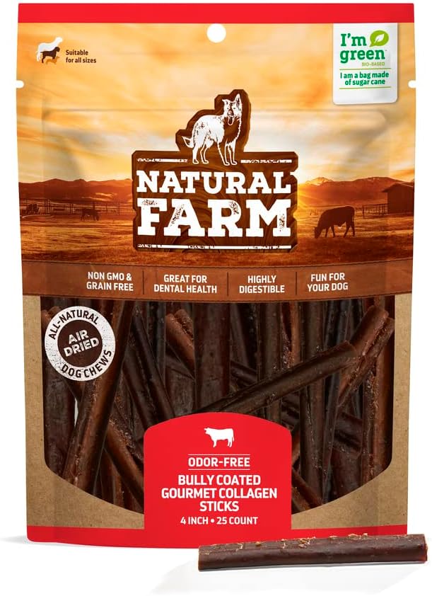 Natural Farm Bully Coated Gourmet Collagen Sticks (4 Inch, 25 Pack) – Real Bully Beef Coated, 95% Natural Collagen Dog Chews, Supports Healthy Joints, Skin & Coat - Best for Small & Medium Dogs