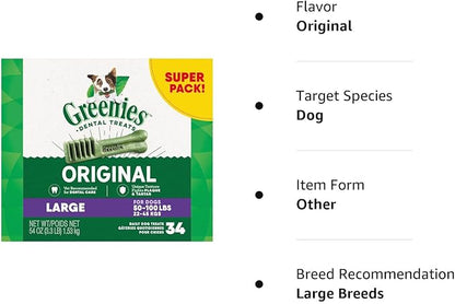 Greenies Original Large Natural Dental Care Dog Treats, 54 oz. Pack (34 Treats)