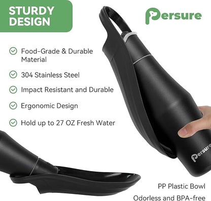 Dog Water Bottle, Portable Dog Water Bottle Dispenser - 27 OZ Stainless Steel Leak-Proof Water Bottle for Dogs On The Go, Perfect for Travel, Walking, Hiking and Outdoor Activities, Whole Black