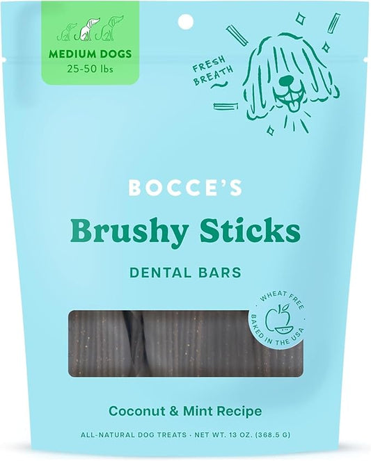 Bocce’sBakery, Brushy Sticks – Natural Dog Treats for Medium Dogs – Dog Dental Treats for Fresh Breath, Oral Care – Delicious Coconut and Mint Chewy Dog Treats – Wheat-Free Dog Bars