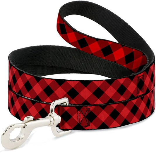 Buckle-Down Pet Leash - Diagonal Buffalo Plaid Black/Red - 4 Feet Long - 1.5" Wide