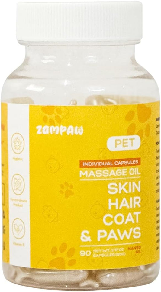 Pet Massage Oil Capsules for Allergies, Dry, Itchy & Irritated Coat & Paws - Healthy Skin & Shiny Coat - 90 Capsules (Mango Scent)
