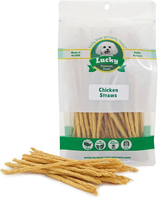 Lucky Premium Treats Chicken Straw Dog Treats – USA Made Single Ingredient Chicken Jerky for Dogs – All Natural Jerky Treat – 13 oz Bag