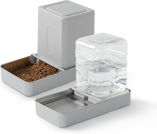 Automatic Cat Food and Water Dispenser Set - Stainless Steel Cat Feeder and Water Dispenser Gravity Elevated Large Cat Water Bowl Dispenser Cat cat Dry Food Dispenser (3.8L)