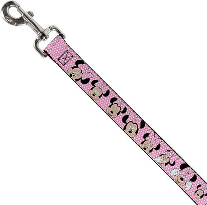 Buckle-Down Pet Leash - Minnie Mouse Expressions Polka Dot Pink/White - 6 Feet Long - 1/2" Wide