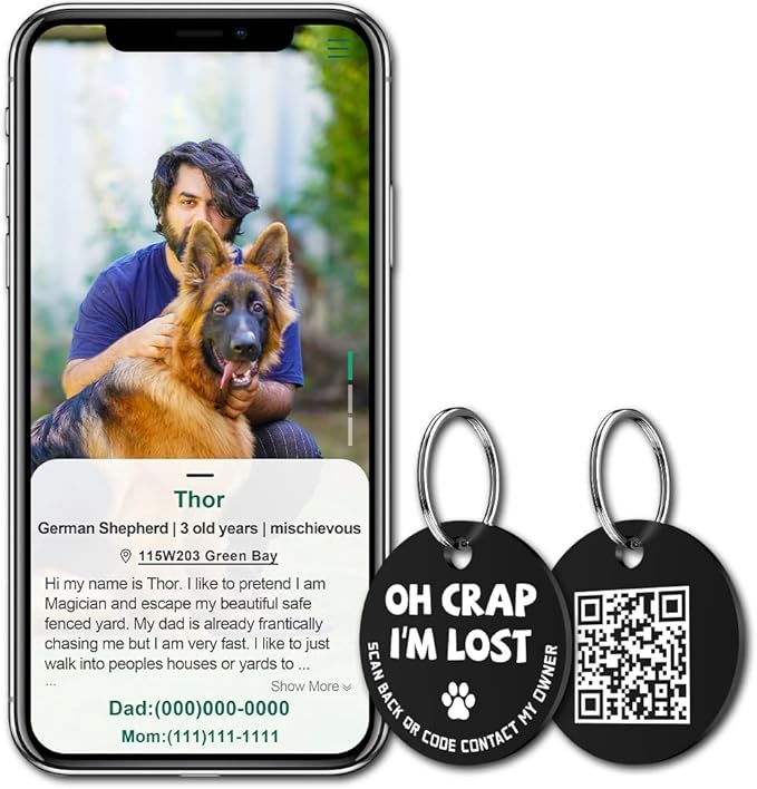 MYLUCKYTAG Stainless Steel QR Code Pet ID Tags Dog Tags - Pet Online Profile - Scan QR Receive Instant Pet Location Alert Email