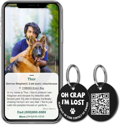 MYLUCKYTAG Stainless Steel QR Code Pet ID Tags Dog Tags - Pet Online Profile - Scan QR Receive Instant Pet Location Alert Email