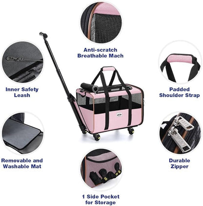 Lekesky Wheeled Pet Carrier Airline Approved, Small Dog Carrier for Puppy and Kitten 15 Lbs, Pet Carrier for Cat, Soft Cat Carrier with Wheels, Collapsible Cat Carrier Bag, Pink