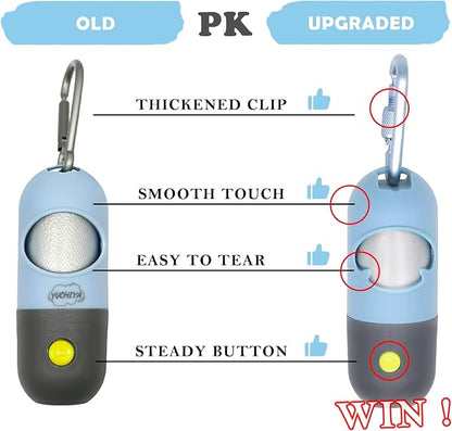 Dog Poop Bag Dispenser with Flashlight|Dog Poop Bag Holder with Leash Clip|Hands-Free Leash Poop Bag Holder with Straps and 1 Roll Dog Waste Bags (Blue)