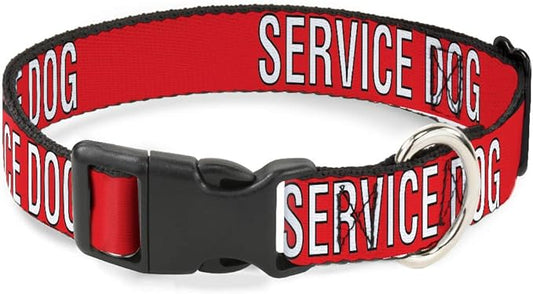 Buckle-Down Pet Collar, Dog Collar Plastic Buckle, Service Dog Text Red Black White, 8.5 to 12 Inches 0.5 Inch Wide
