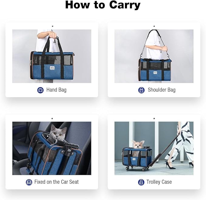 Lekesky Dog Cat Carrier with Wheels, Airline Approved Pet Carrier for Cats Dogs15lbs with Telescopic Handle, Blue