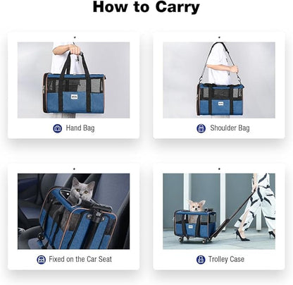 Lekesky Dog Cat Carrier with Wheels, Airline Approved Pet Carrier for Cats Dogs15lbs with Telescopic Handle, Blue