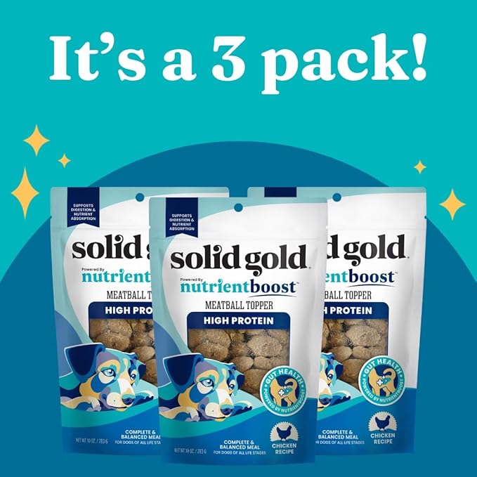 Solid Gold Food Toppers for Picky Dogs - Real Chicken Meatball Topper - 3 Pack Healthy Dog Treats - High Protein Soft Dog Treats to Serve w/Dry Dog Food or Wet Dog Food or as Dog Snacks