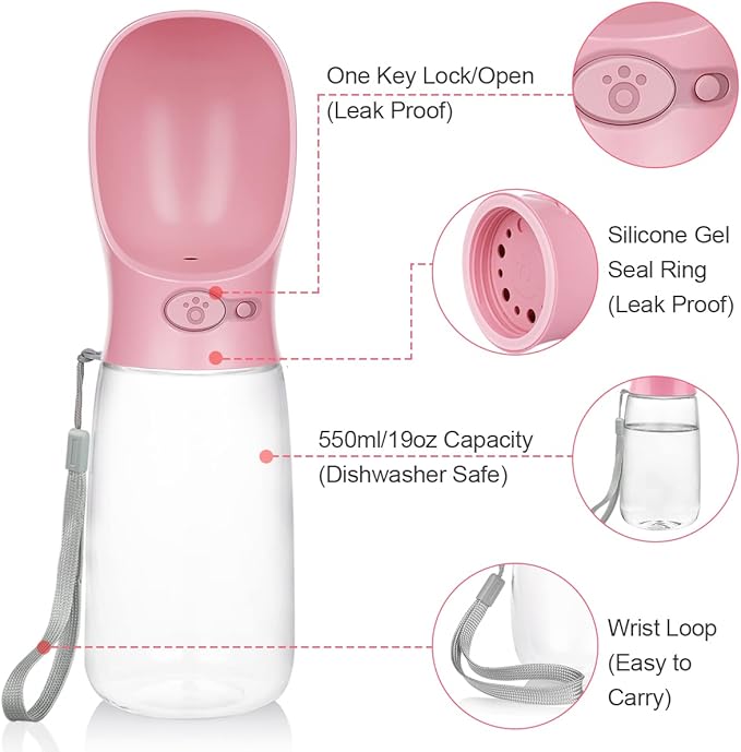 Dog Water Bottle, Lightweigh, Portable Travel Dog Water Dispenser, Puppy Drinking Bowl for Outdoor Walking and Hiking, Puppy Essentials, Dog Stuff - Pet Accessories(19oz, Pink)