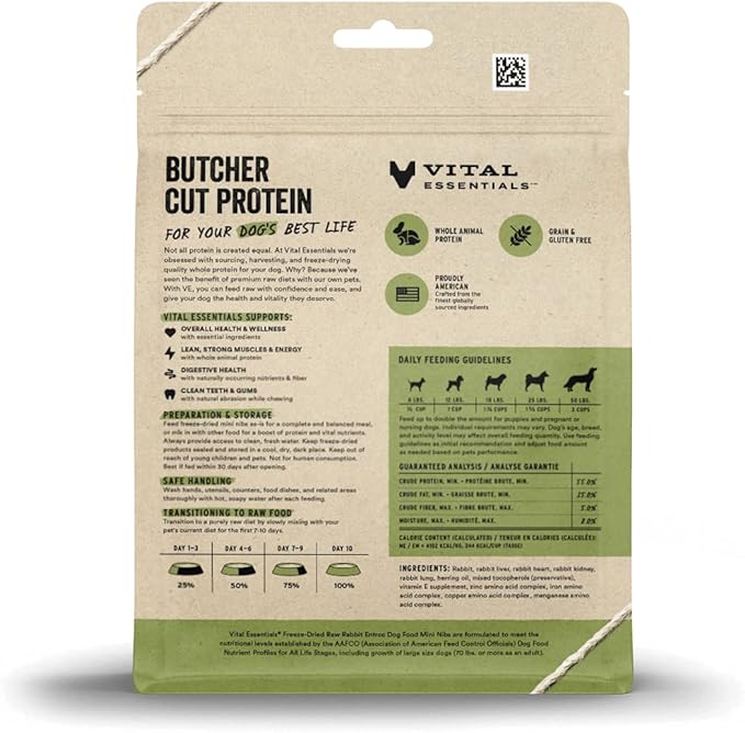 Vital Essentials Freeze Dried Raw Dog Food, Rabbit Mini Nibs Entree, 5.5 oz