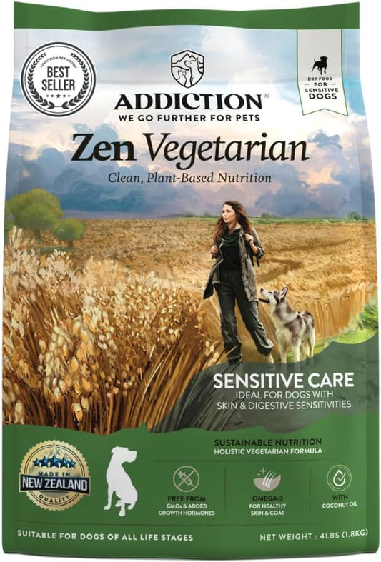 Addiction Zen Vegetarian Dry Dog Food, Rich in Isoflavones and Antioxidants, Vegetarian Dog Food, Crafted in New Zealand, for All Dog Life Stages 4lb