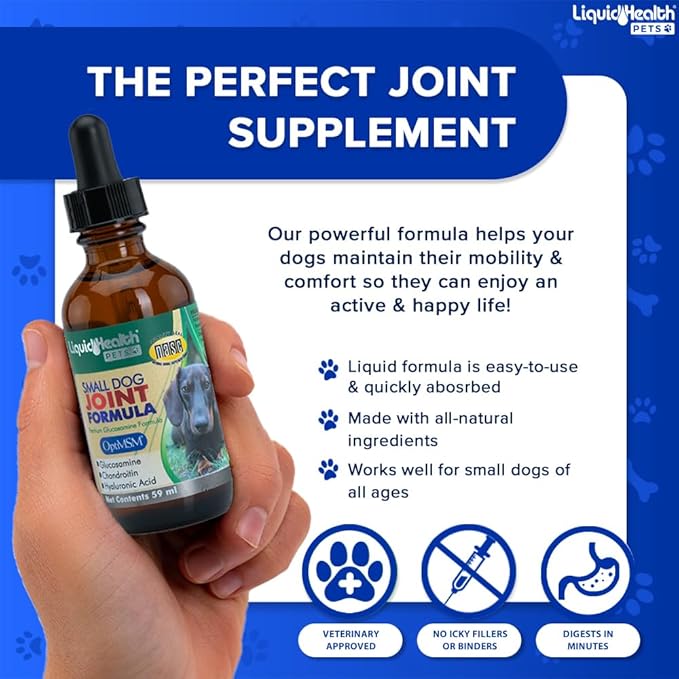 LIQUIDHEALTH 2 Oz Dog Glucosamine Drops Joint Juice, Chondroitin Hip and Joints Relief Vitamin Supplement Formula, Hyaluronic Acid - Small Dogs Canines Puppies - (2 Pack)