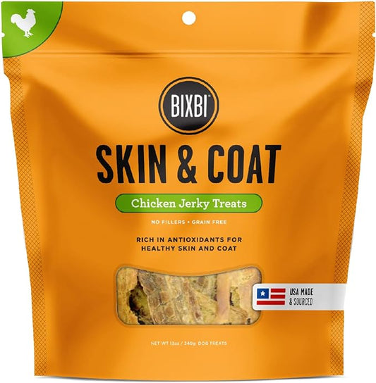 BIXBI Skin & Coat Support Chicken Jerky Dog Treats, 12 oz - USA Made Grain Free Dog Treats - Antioxidant Rich to Support Shiny, Full Bodied Coats - High in Protein, Whole Food Nutrition, No Fillers