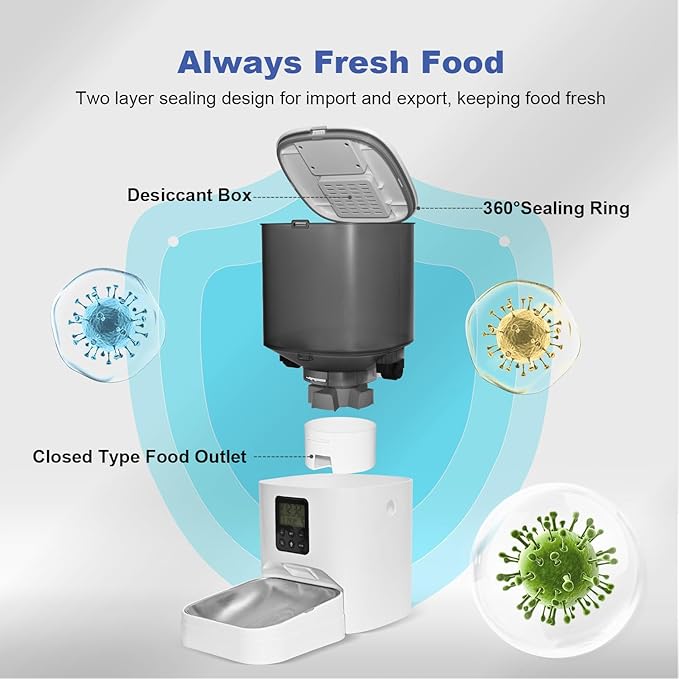 Automatic Cat Feeder, Cat Food Dispenser with 10s Voice Recorder, Pet Feeder up to 8 Meals per Day, Timed Cat Feeder with Dry Food Sealed Ring(White, 6L)