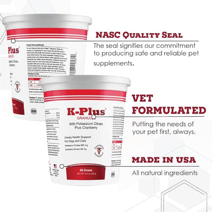 K-Plus Potassium Citrate Plus Cranberry Granules for Dogs and Cats - Veterinarian Approved UTI Remedy Granules - Supports Bladder Health - 60 Doses