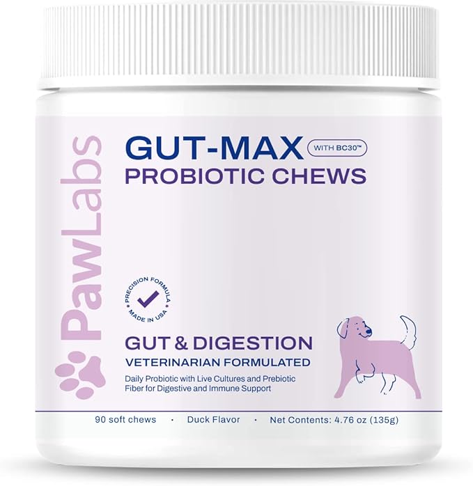 Gut-Max Probiotic Chews - with Patented BC30™ Bacillus Coagulans - Vet Formulated for Digestive and Immune Support w/Natural Prebiotic Microbes - Duck Flavor - 90 Soft Chews