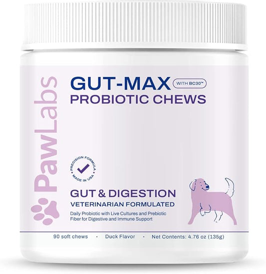Gut-Max Probiotic Chews - with Patented BC30™ Bacillus Coagulans - Vet Formulated for Digestive and Immune Support w/Natural Prebiotic Microbes - Duck Flavor - 90 Soft Chews