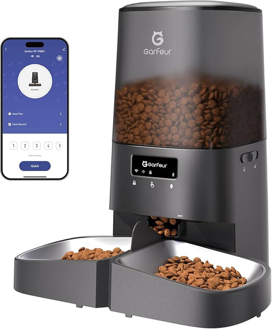 Wifi 5L Automatic Cat Food Dispenser for 2 Cats, Automatic Cat Feeder, 48 Portions 6 Meals Per Day, Memory Function, 10s Meal Call, Timed Feeder for Cats Dogs, by Garfeur