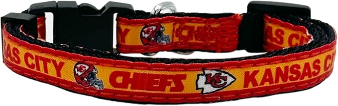NFL CAT Collar Kansas City Chiefs Satin Cat Collar Football Team Collar for Dogs & Cats. A Shiny & Colorful Cat Collar with Ringing Bell Pendant
