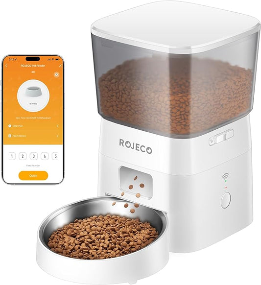 ROJECO Automatic Cat Feeders,2.4G WiFi Automatic Cat Food Dispenser with APP Feeding Control,2L Auto Timed Pet Feeder for Cats &Puppy,Dogs Pet Feeder with Stainless Steel Bowl