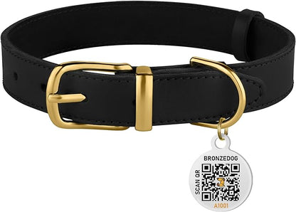 BRONZEDOG Leather Dog Collar with QR ID Tag Basic Pet Collars for Small Mini Dogs Cats Puppies (7-9 Inch (Pack of 1), Black & Gold Buckle)