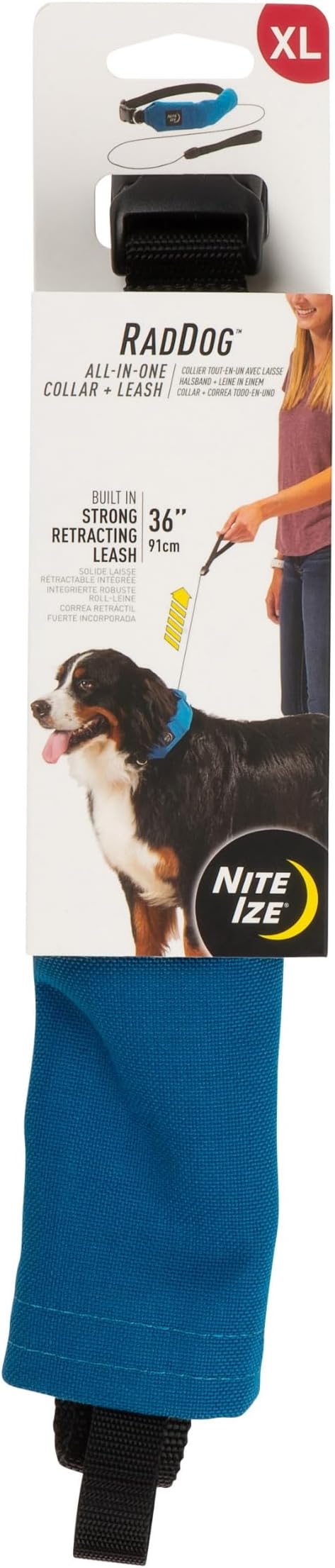 Nite Ize Raddog All-in-One Collar and Leash Combo - Heavy-Duty Dog Collar with Built-in Retractable Leash - 20" to 25" Collar - Blue, X-Large