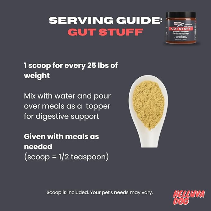 GUT STUFF by Helluva Dog — Digestive Aid Meal Topper for Active Sporting Dogs — Pumpkin & Slippery Elm for Dog's Upset Stomach & Better Gut Health, Packed with Fiber - 3oz