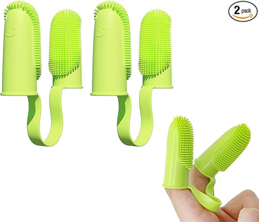 Pet Finger Toothbrush Kit, 2 Pack Dog Double-Finger Toothbrush Kit, 135ºSurround Bristles for Easy Teeth Cleaning for Pets, Double-Finger Toothbrush Dental Care for Puppies, Dogs Cats-Green
