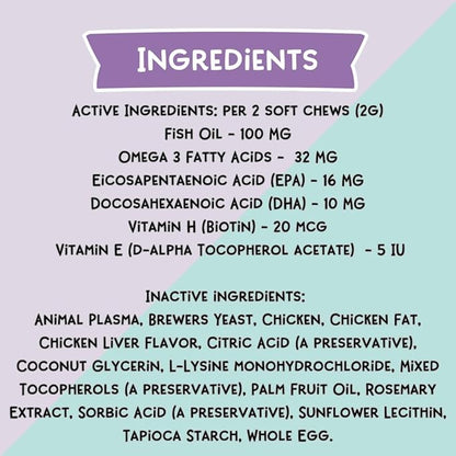 LOVE, NALA - Skin and Coat Supplement for Cats - 90 Tasty Soft Chews - Omega 3 Fish Oil, Biotin, Vitamin E Supports Skin & Fur Health - 3.2 oz