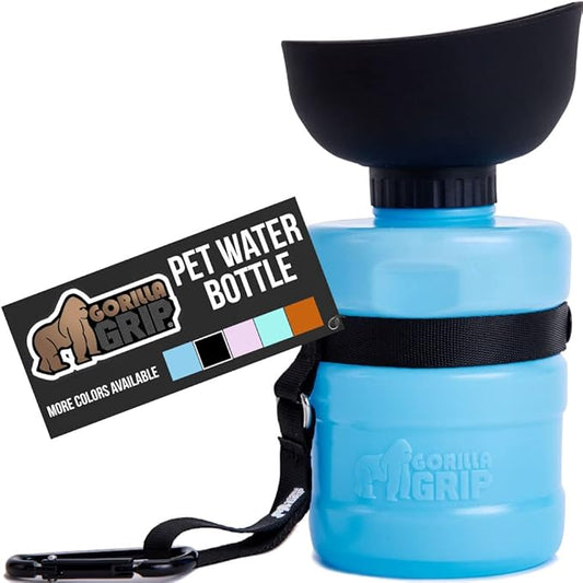 Gorilla Grip No Spill Portable Dog Water Bottle with Built in Bowl, Food Grade Silicone Leak Proof Pets Travel Drink Dispenser, Puppy Walk Training, Pet Hiking Essentials, Trip Accessories, Blue