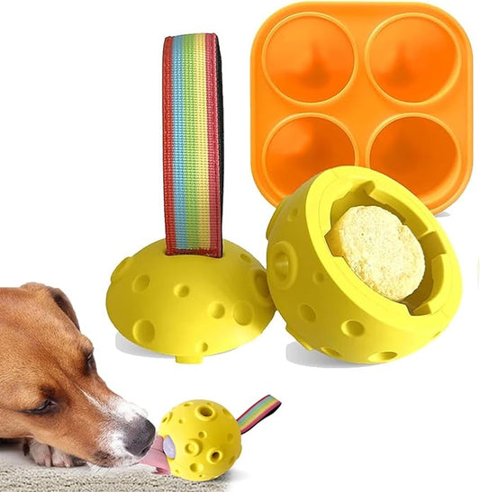 Dog Chew Toys,Treat Tray for Frozen Dog Food,Long-Lasting Durable Fillable Dog Treat Dispensing Dog Toy,Freezable Fillable Rubber Dog Toys with Silicone Treat Tray (Yellow&Treat Mold)