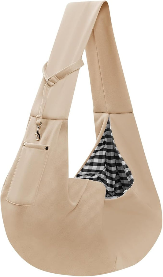 Dog Carrier Sling - Reversible Puppy Carrier Purse with Storage Pocket, Hand-Free Dog Sling Carrier for Carry Small Dogs and Cats，Travel Safety Harness, Dog and cat Harness (Apricot)