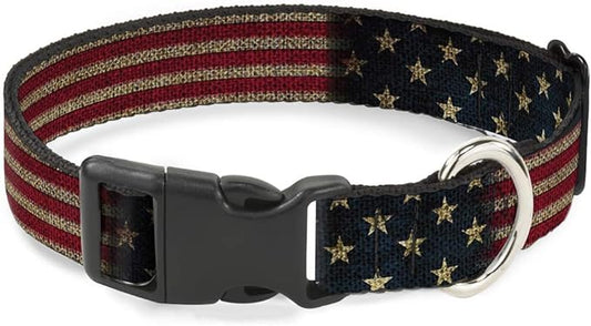 Buckle-Down Plastic Clip Collar - Vintage US Flag Stretch - 1/2" Wide - Fits 8-12" Neck - Medium