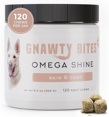 Gnawty Bites Omega Shine Dog Allergy Relief | Skin & Coat Strengthening Probiotics for Dogs with DHA Gold, Wild Alaskan Salmon Oil, Omega-6, Omega-9 & Omega-3 for Dog | 120 Soft Chews - (264 G)