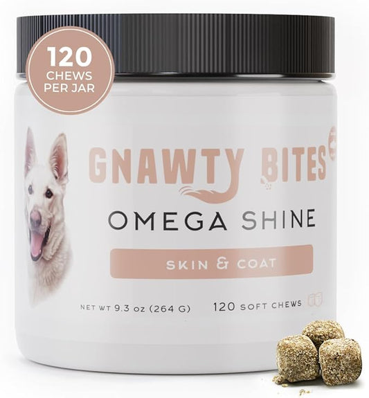 Gnawty Bites Omega Shine Dog Allergy Relief | Skin & Coat Strengthening Probiotics for Dogs with DHA Gold, Wild Alaskan Salmon Oil, Omega-6, Omega-9 & Omega-3 for Dog | 120 Soft Chews - (264 G)