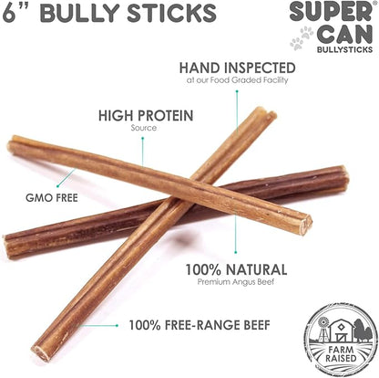 Supercan Bully Sticks for Dogs 6" (15 Count) -100% Natural Farm Raised Beef Dog Chews. Free Range Grass Fed Non-GMO Treats for Dogs
