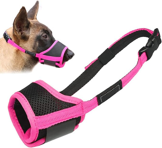 LUCKYPAW Dog Muzzle Anti Biting Barking and Chewing with Comfortable Mesh Soft Fabric and Adjustable Strap, Suitable for Small, Medium and Large Dogs(Hot Pink Trim,L)