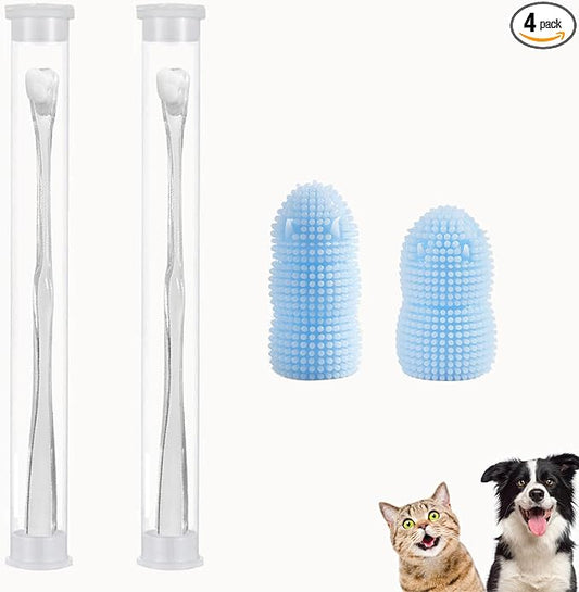 4 Pack Kit Dog Dental Cleaning Brushes,2 Pack Extra Soft Dog and Cat Dental Cleaning Brushes with Storage Box and 2 Pack Dog Finger Toothbrush for Dog Dental Care, Easily Clean Teeth(Transparent,Blue）
